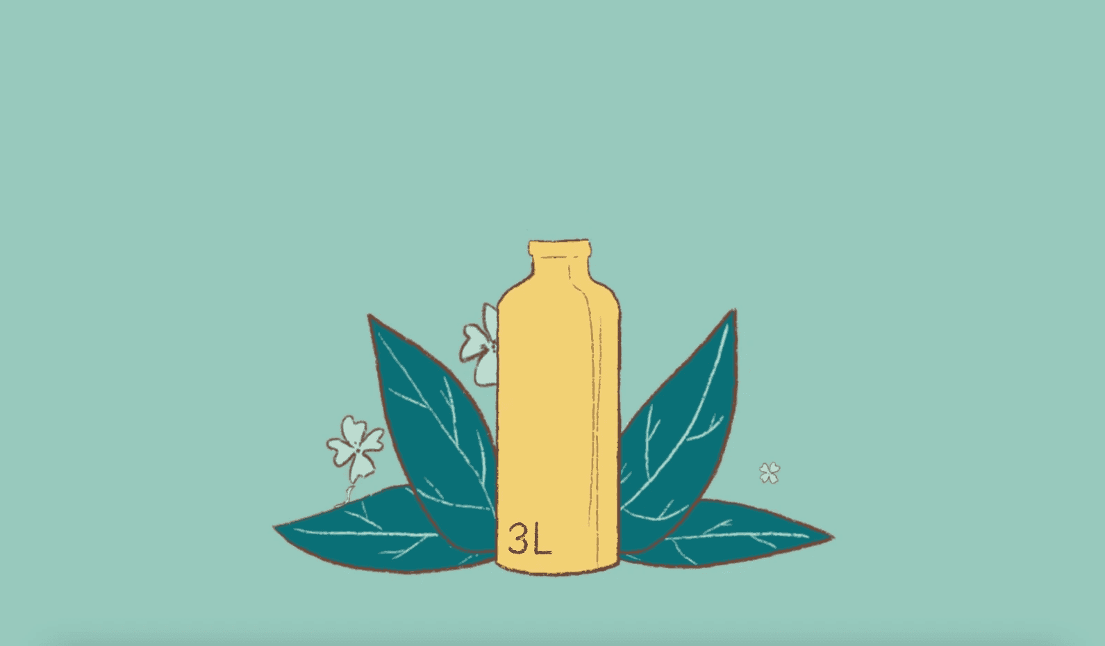 Illustration of a 3-litre water bottle surrounded by botanical leaves