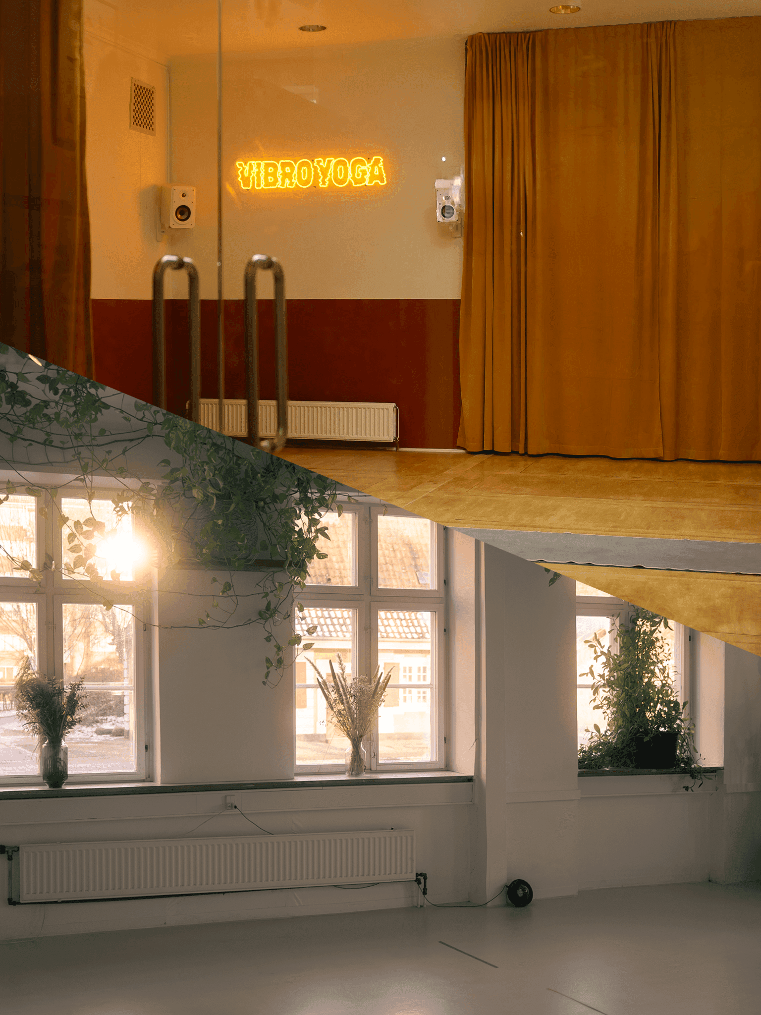 Begge studier hos Hot Yoga Copenhagen — hot yoga-rummet og vibro yoga-rummet